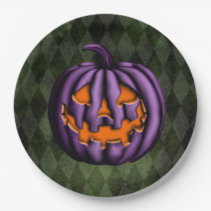 Halloween Purple Pumpkin Green Grunge Paper Plate
