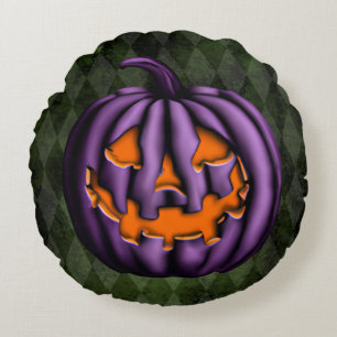Halloween Purple Pumpkin Green Grunge Round Cushion