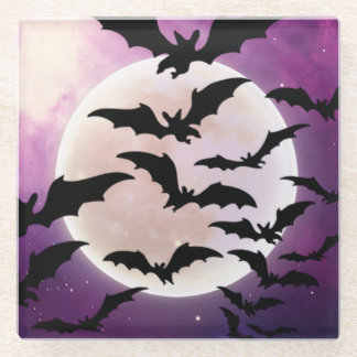 HALLOWEEN PURPLE SKY FULL MOON BLACK BATS GLASS COASTER