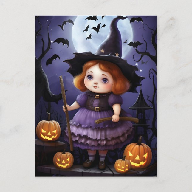 Halloween Purple Witch Girl Illustration Holiday Postcard (Front)