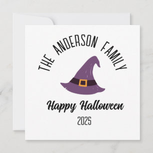 Halloween Purple Witch Hat Personalised Name Holiday Card