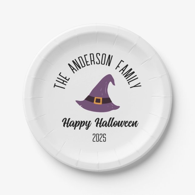 Halloween Purple Witch Hat Personalised Name Paper Plate (Front)