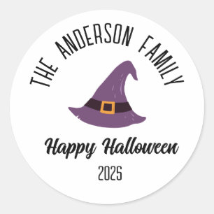 Halloween Purple Witch Hat Personalized Name Classic Round Sticker