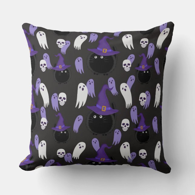 HALLOWEEN PURPLE WITH BLACK CATS & WHITE GHOSTS CUSHION (Front)