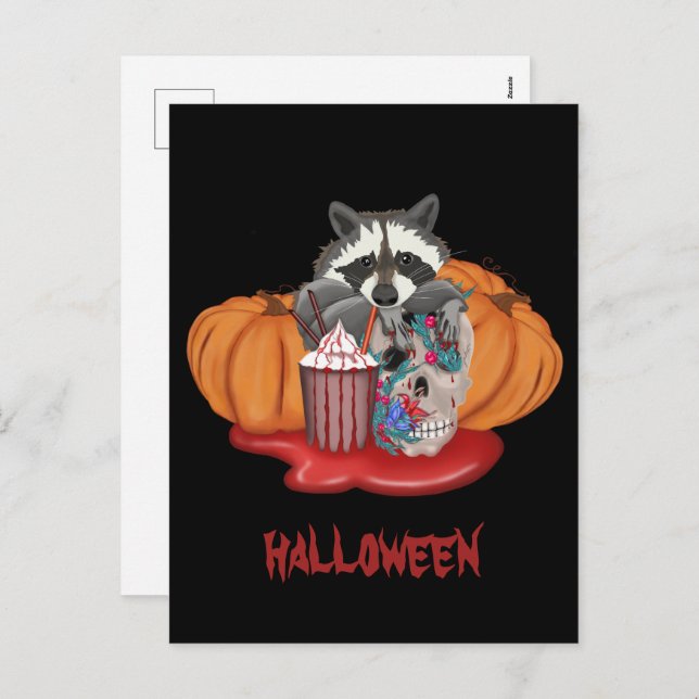 Halloween Racoon with skull and pumpkins  Holiday Postcard (Front/Back)