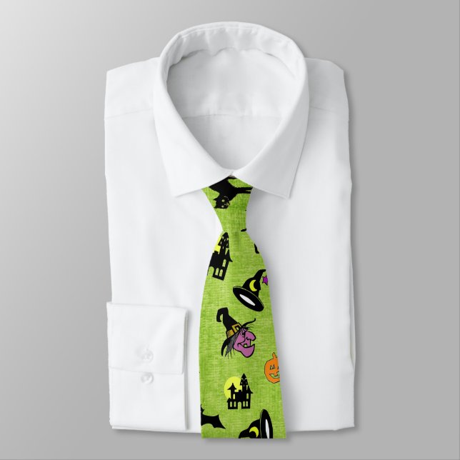 Halloween Random Iconic Pattern Green BG Tie (Tied)