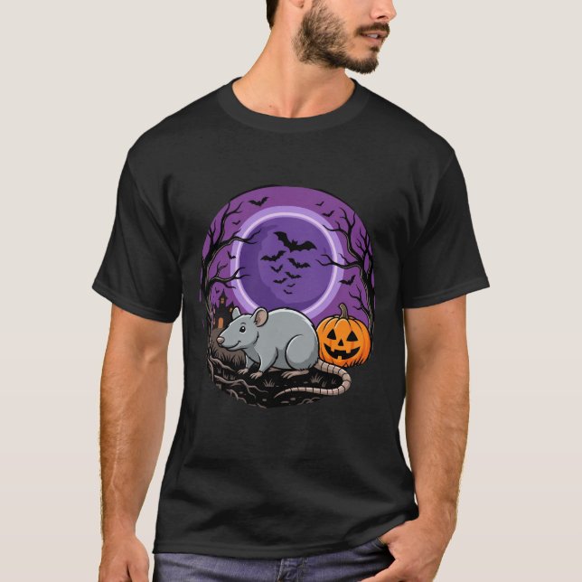 Halloween Rat Moonlit Pumpkin Vector Design T-Shirt (Front)