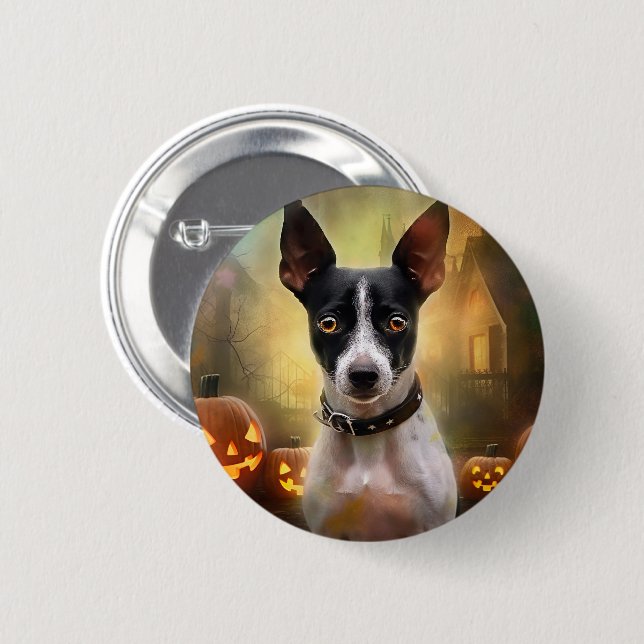 Halloween Rat Terrier With Pumpkins Scary 6 Cm Round Badge (Front & Back)