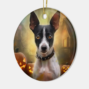 Halloween Rat Terrier With Pumpkins Scary Ceramic Ornament