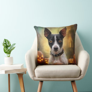 Halloween Rat Terrier With Pumpkins Scary Cushion