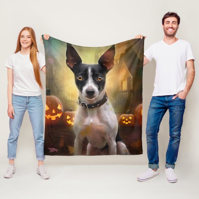 Halloween Rat Terrier With Pumpkins Scary Fleece Blanket (In Situ)