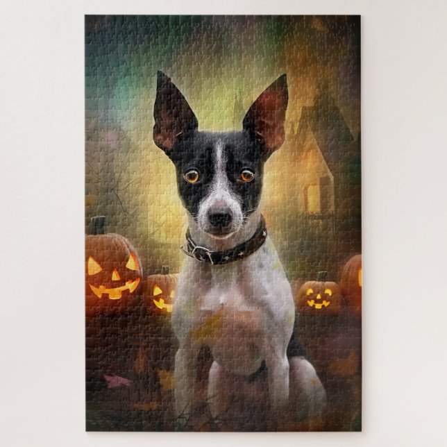 Halloween Rat Terrier With Pumpkins Scary Jigsaw Puzzle (Vertical)
