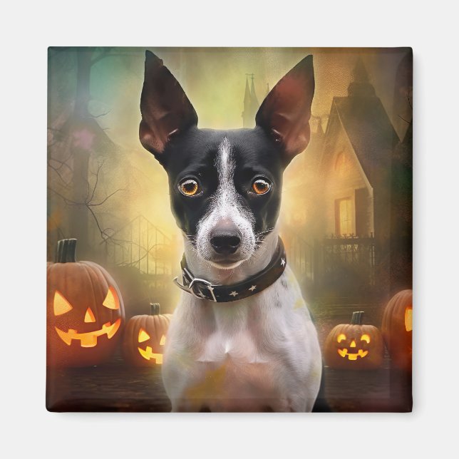 Halloween Rat Terrier With Pumpkins Scary Magnet (Front)