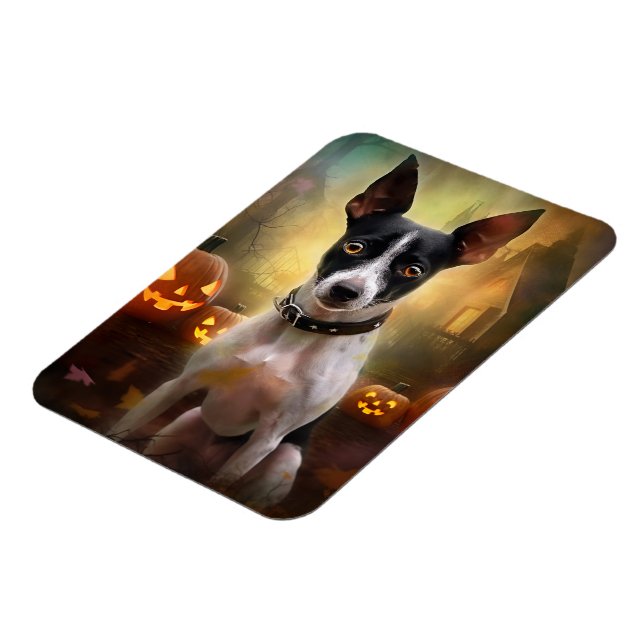 Halloween Rat Terrier With Pumpkins Scary Magnet (Left Side)