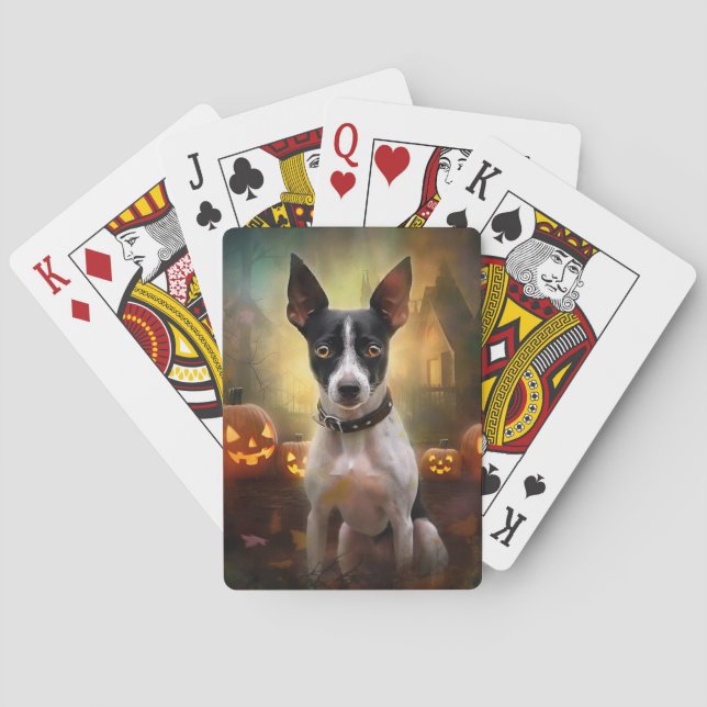 Halloween Rat Terrier With Pumpkins Scary Playing Cards (Back)