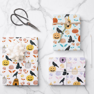Halloween Raven and Orange Pumpkin Wrapping Paper Sheet