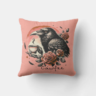 Halloween Raven Crow Coffee Roses Pink Orange Cushion