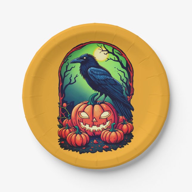 Halloween Raven in a Pumpkin Patch Paper Plate (Front)