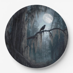 Halloween Raven in a Spooky Forest Paper Plate