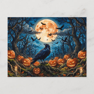 Halloween Raven, Pumpkins and Full Moon  Postcard
