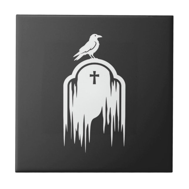 Halloween Raven Tombstone Silhouette Design Ceramic Tile (Front)