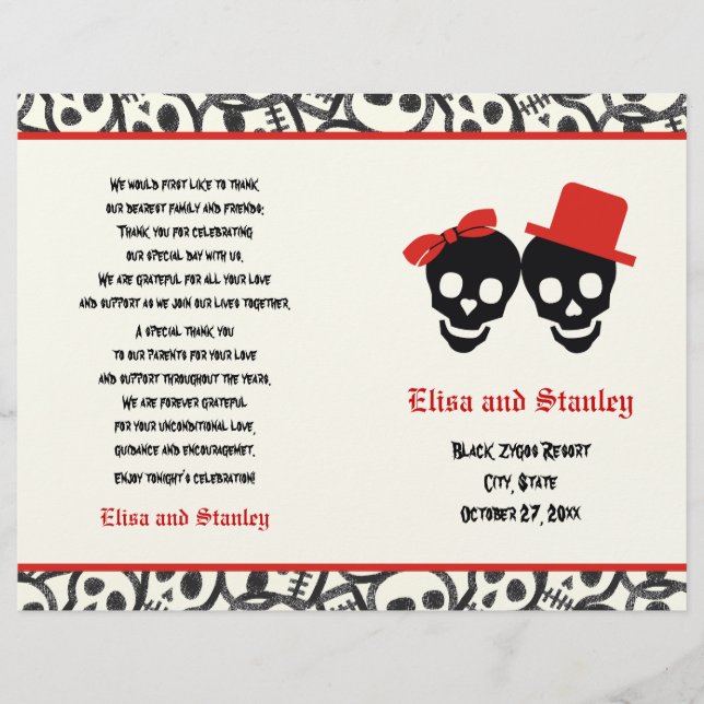 Halloween red & black skull wedding folded program (Front)