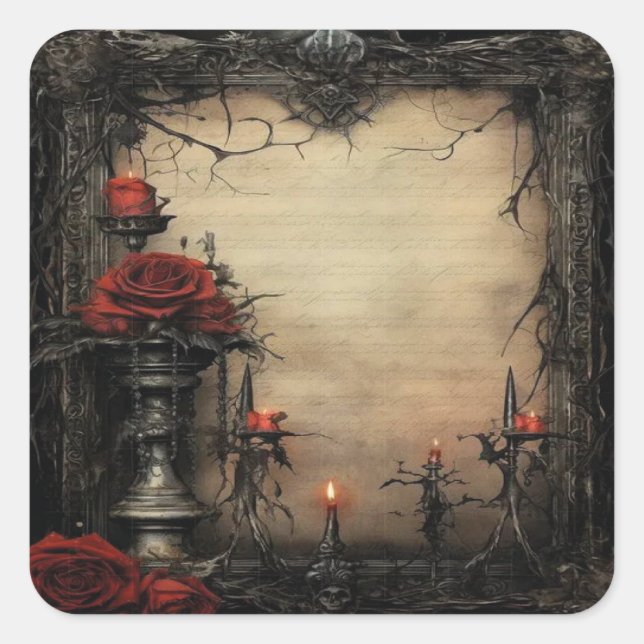Halloween red rose with candles square sticker (Front)