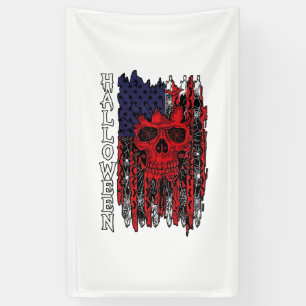 Halloween Red Skull American Flag Spider Webs Bats Banner