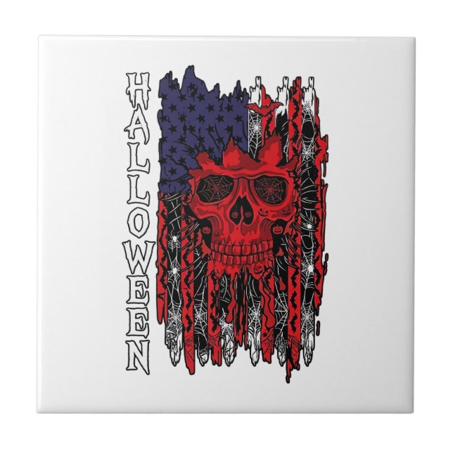 Halloween Red Skull American Flag Spider Webs Bats Ceramic Tile (Front)