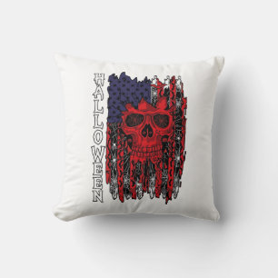 Halloween Red Skull American Flag Spider Webs Bats Cushion