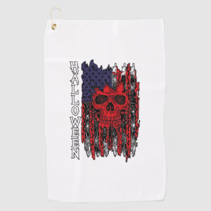 Halloween Red Skull American Flag Spider Webs Bats Golf Towel