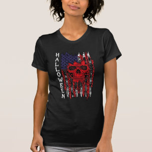 Halloween Red Skull American Flag Spider Webs Bats T-Shirt