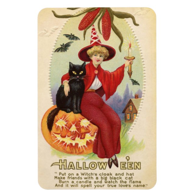 Hallowe'en Red Witch and Black Cat Vintage Magnet (Vertical)