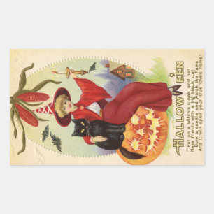 Hallowe'en Red Witch and Black Cat Vintage Rectangular Sticker