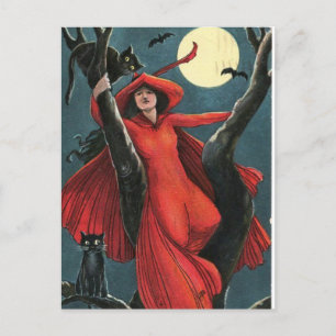 Halloween Red Witch & Black Cat Vintage Holiday Postcard