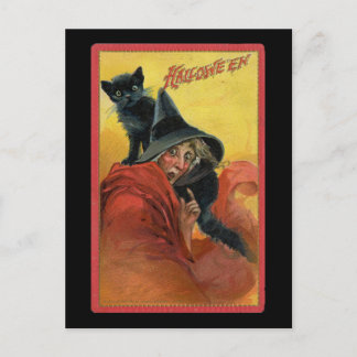 Halloween Red Witch & Black Cat Vintage Postcard