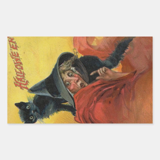 Halloween Red Witch & Black Cat Vintage Rectangular Sticker (Front)