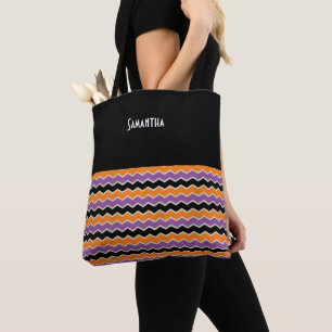 Halloween Retro 1950s Chevron Black Orange Name Tote Bag