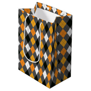 Halloween Retro Argyle Orange Black Gray White Medium Gift Bag