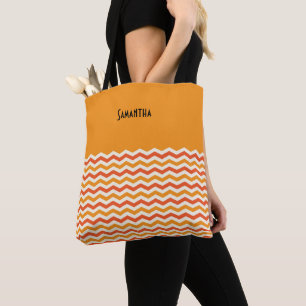 Halloween Retro Chevron Bright Orange White Name Tote Bag