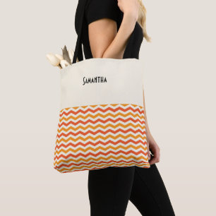 Halloween Retro Chevron White Orange Pumpkin Name Tote Bag