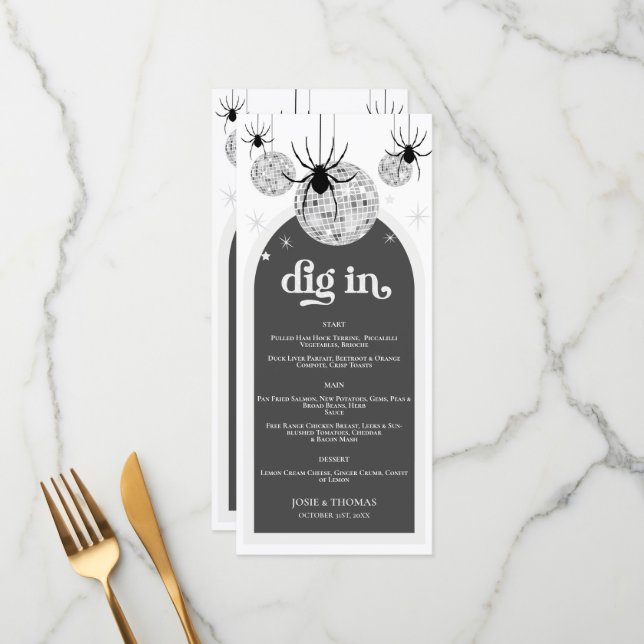Halloween Retro Disco Spiders & Disco Ball Wedding Menu (Front/Back In Situ)