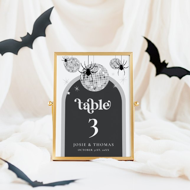 Halloween Retro Disco Spiders & Disco Ball Wedding Table Number (Creator Uploaded)