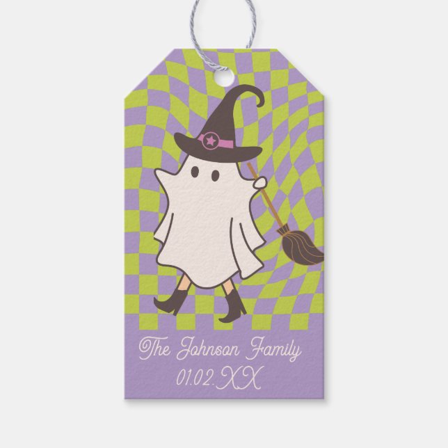 Halloween Retro Ghost Witch Gift Tags (Front)