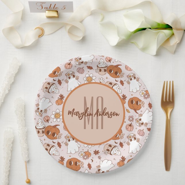 HALLOWEEN RETRO GROOVY PUMPKINS AND GHOSTS PAPER PLATE (Wedding)