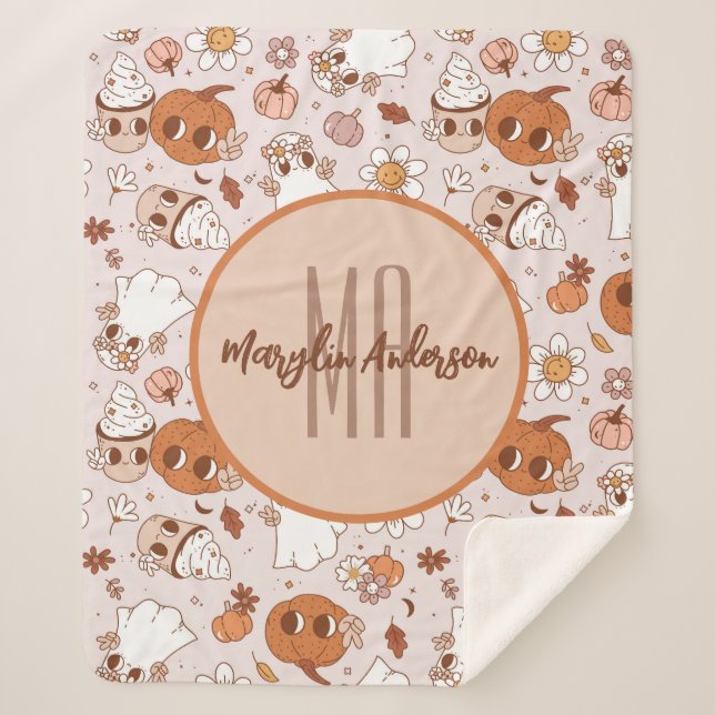 HALLOWEEN RETRO GROOVY PUMPKINS AND GHOSTS SHERPA BLANKET (Front)