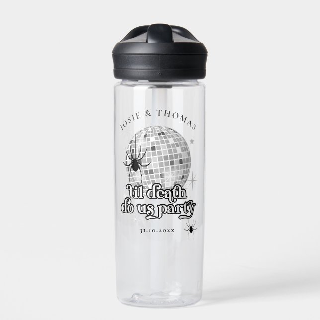 Halloween Retro Spiders & Disco Ball Wedding Water Bottle (Front)