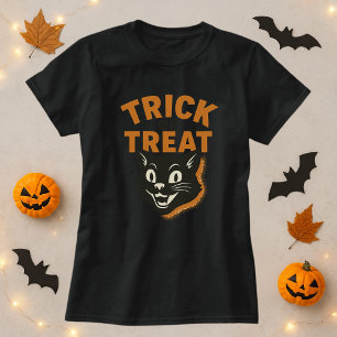 Halloween Retro Trick or Treat Black Cat T-Shirt