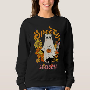 Halloween Retro Vintage Floral Cat Ghost Boo Spook Sweatshirt