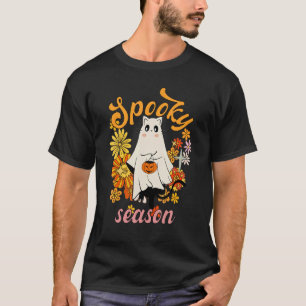 Halloween Retro Vintage Floral Cat Ghost Boo Spook T-Shirt